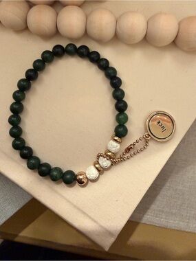 Green Beaded Bracelet with Gold Charm